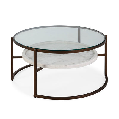 Round Coffee Table in Glass and Bronze Metal with a White Marble shelf