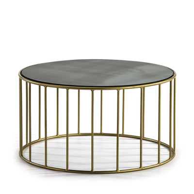 Design KNB Round Coffee table with an Aged Mirror Top and Golden Metal Base