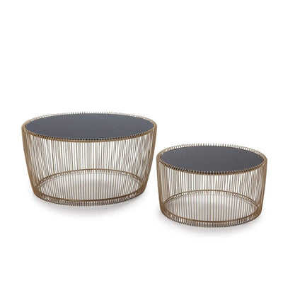 Design KNB Set of 2 Coffee Tables in In Golden Metal and Black Glass Top