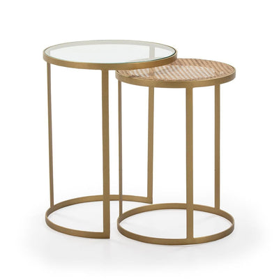 Design KNB Set of 2 Side Tables in Rattan/Glass and a Gold Metal Frame