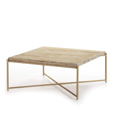 Design KNB Square Coffee Table in White Washed Wood with Golden Metal Legs