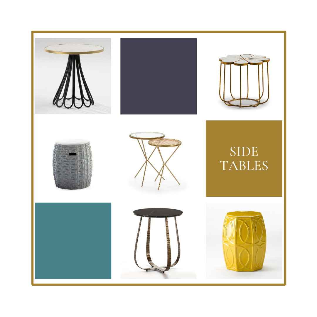 Side Tables, marble side tables, ceramic side tables, gold and rattan side tables