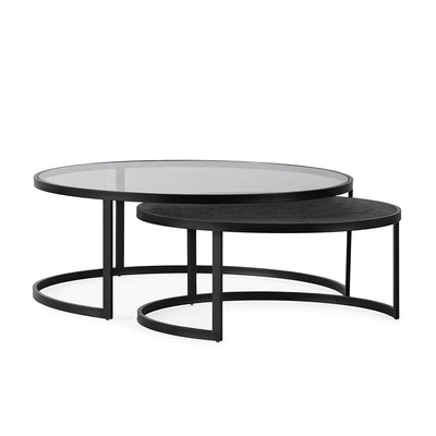 Set of 2 Coffee tables, 1 with glass and metal and the second with Black Oak and Metal