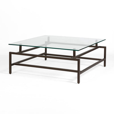 glass and bronze metal square coffee table