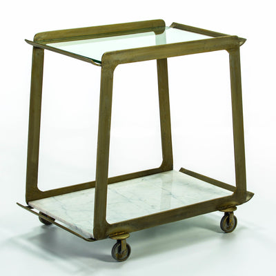 Design KNB Bar Cart with Glass Top Tray and a White Marble Base tray with a Golden Metal frame