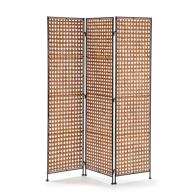 Design KNB Folding Screen in Honey Wicker and Black Metal