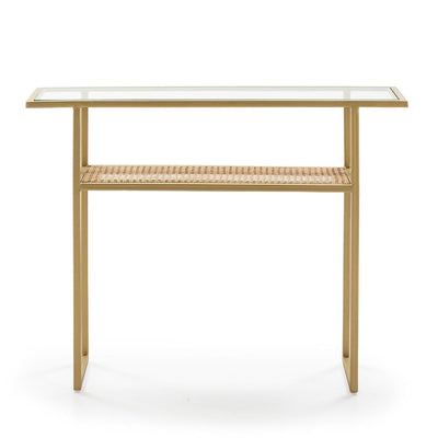 Design KNB Golden Metal Console table with Glass and Rattan