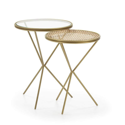 Design KNB Set of Two Rattan/ Glass and Golden Metal Side table with Tripod legs