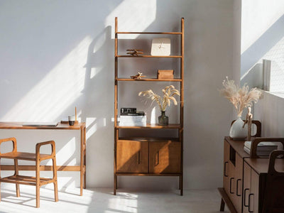 Plywood Project Walnut Mid century bookcase FRISK Maxi with an open cabinet